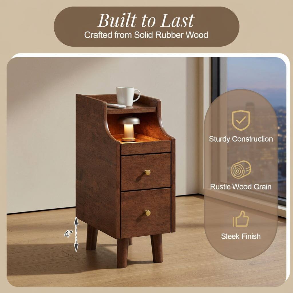Pefilos Solid Wood End Table, Narrow Bedside Table with Pull out Tray ...