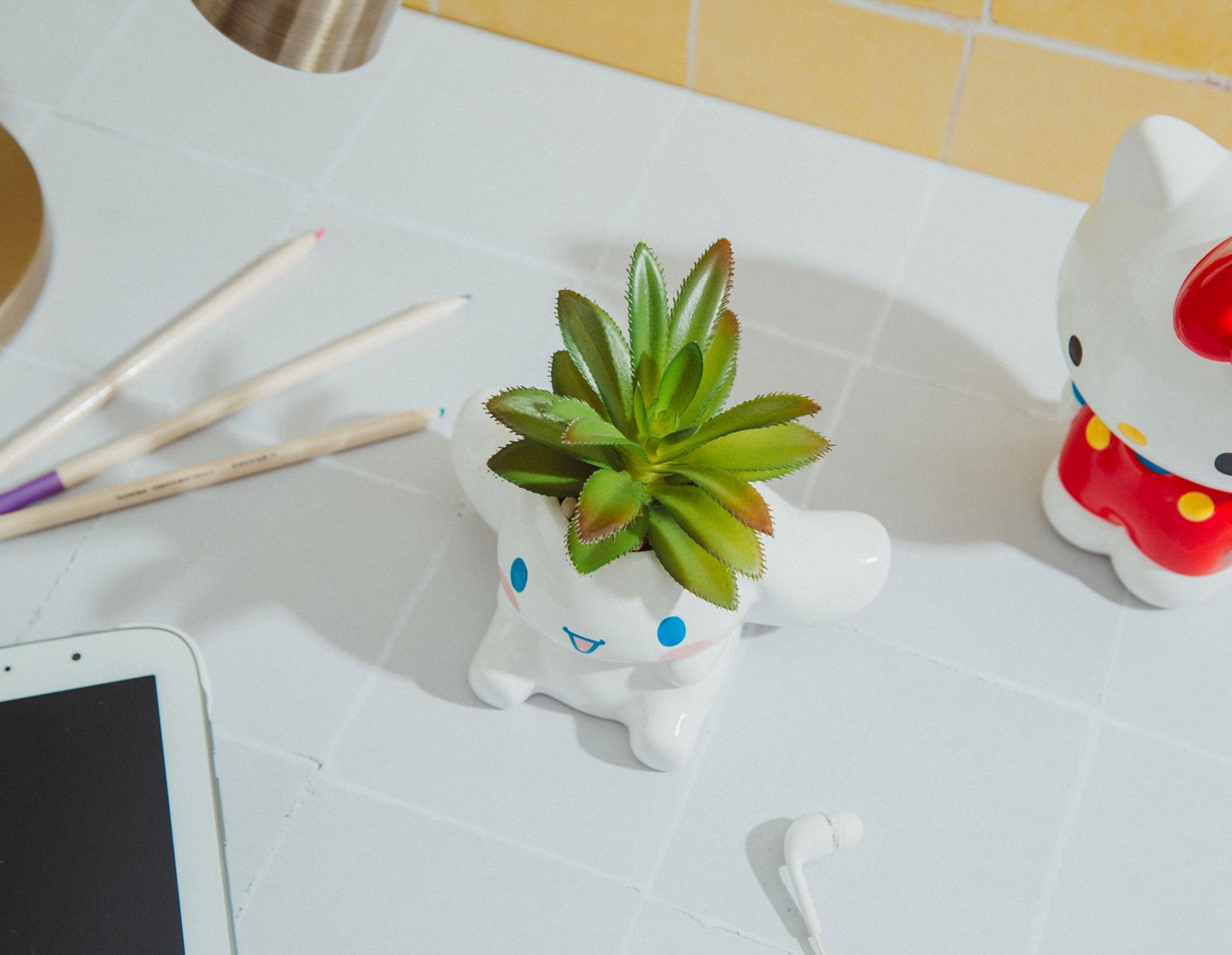 Alt View 3. Silver Buffalo - Sanrio Cinnamoroll 3-Inch Ceramic Mini Planter With Artificial Succulent - White.