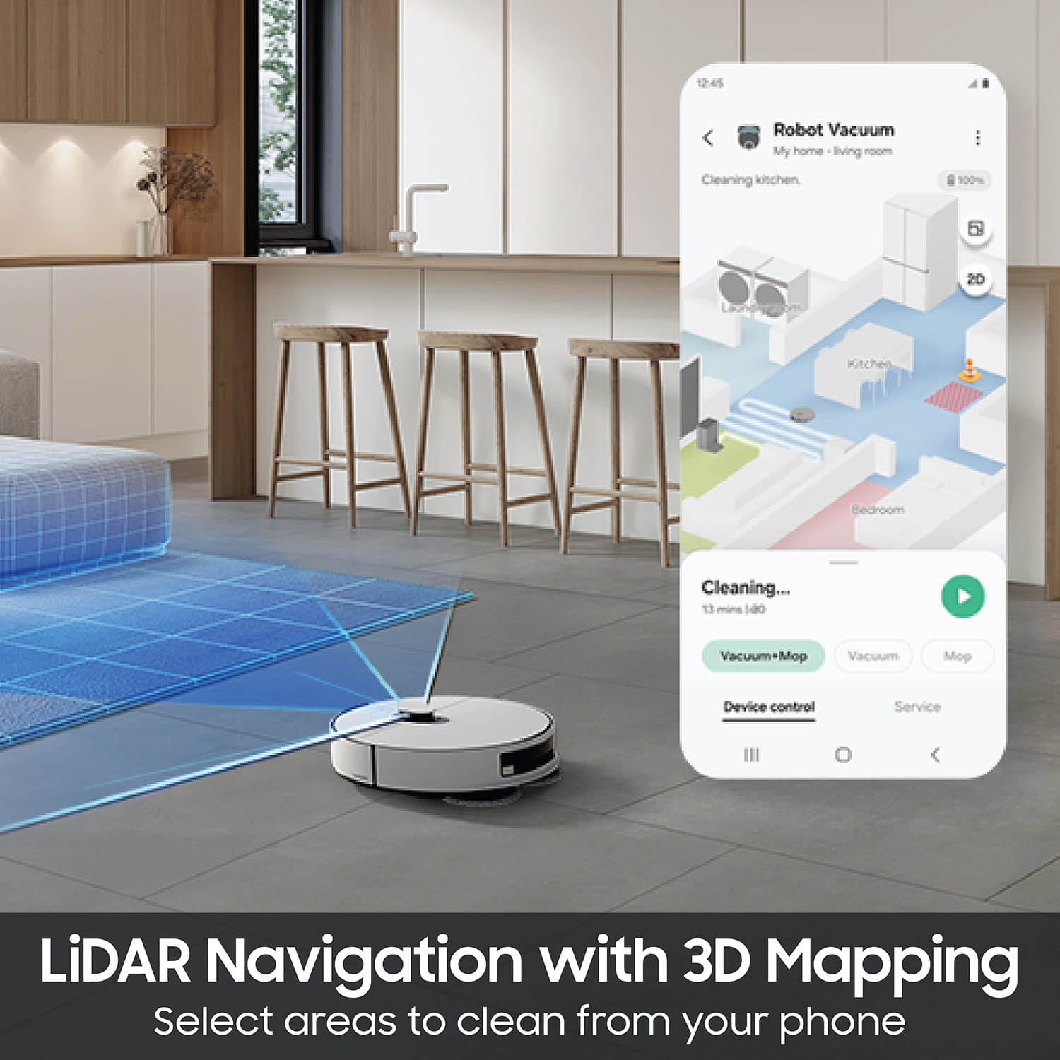 The text on the image is grouped and corrected as follows:
1. "Robot Vacuum My home living - Cleaning kitchen 100% 20 Kitchen Bedroom Cleaning... 13 mins 180 Vacuum+Mop Vacuum Mop Device control Service LiDAR Navigation with 3D Mapping Select areas to clean from your phone."