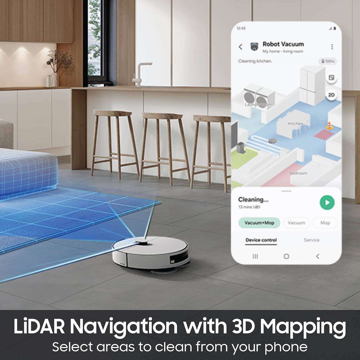 The text on the image is grouped and corrected as follows:

1. "Robot Vacuum My home living - Cleaning kitchen 100% 20 Kitchen Bedroom Cleaning... 13 mins 180 Vacuum+Mop Vacuum Mop Device control Service LiDAR Navigation with 3D Mapping Select areas to clean from your phone."