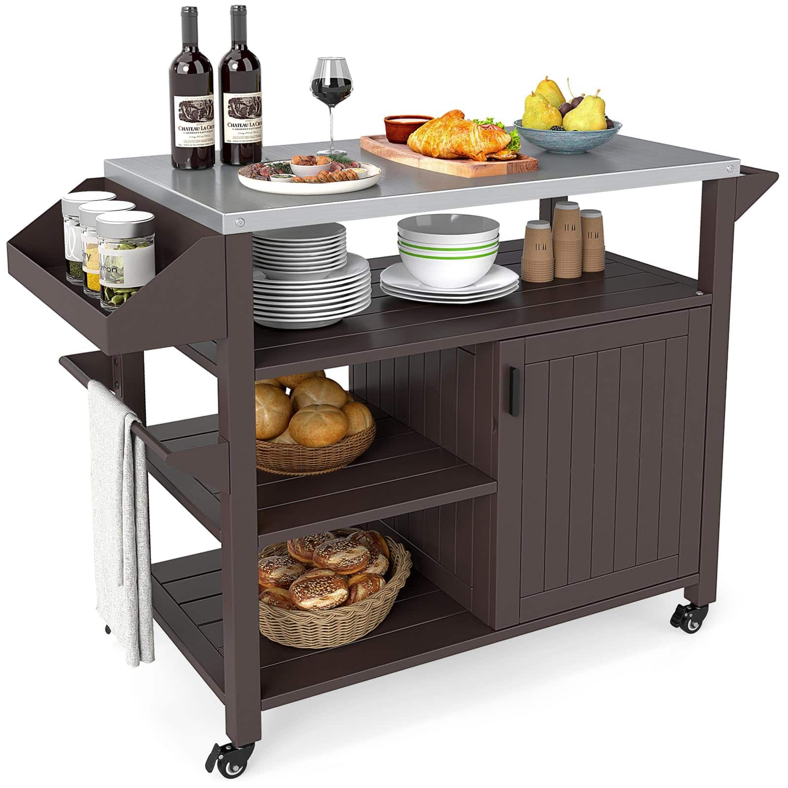 Ecooso - Outdoor Grill Cart with Stainless Steel Top, Storage Cabinet and Shelves, BBQ Prep Station - Brown/Silver