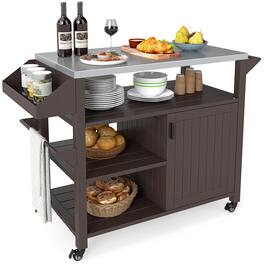 Ecooso - Outdoor Grill Cart with Stainless Steel Top, Storage Cabinet and Shelves, BBQ Prep Station - Brown/Silver
