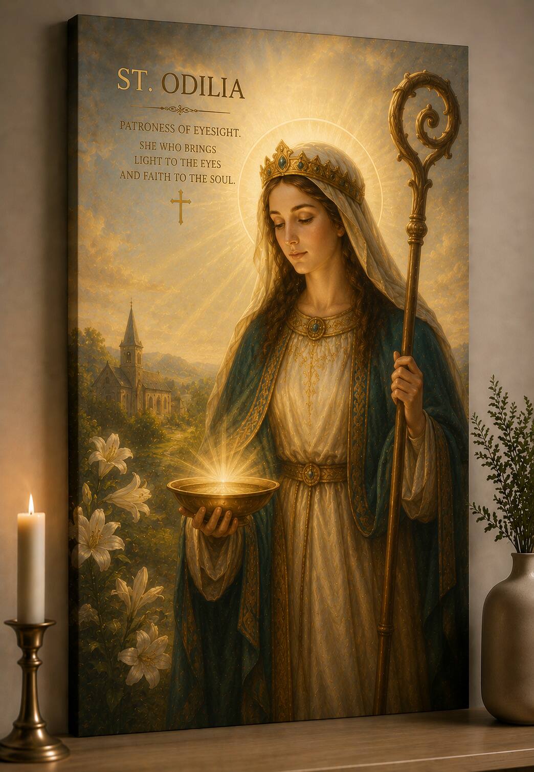 ST. ODILIA  
PATRONESS OF EYESIGHT.  
SHE WHO BRINGS LIGHT TO THE EYES AND FAITH TO THE SOUL.
