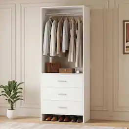 Aheaplus - 2FT Closet System with 3 Drawers and Hanging Rod, Small Freestanding Closet Organizer for Bedroom, Closet - White