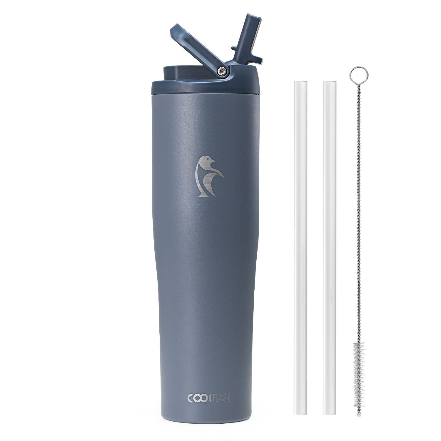 Front. Coolflask - Slim Tumbler Stainless Steel with Straw & Handle - Fits Car Cup Holder - 40oz Grey.