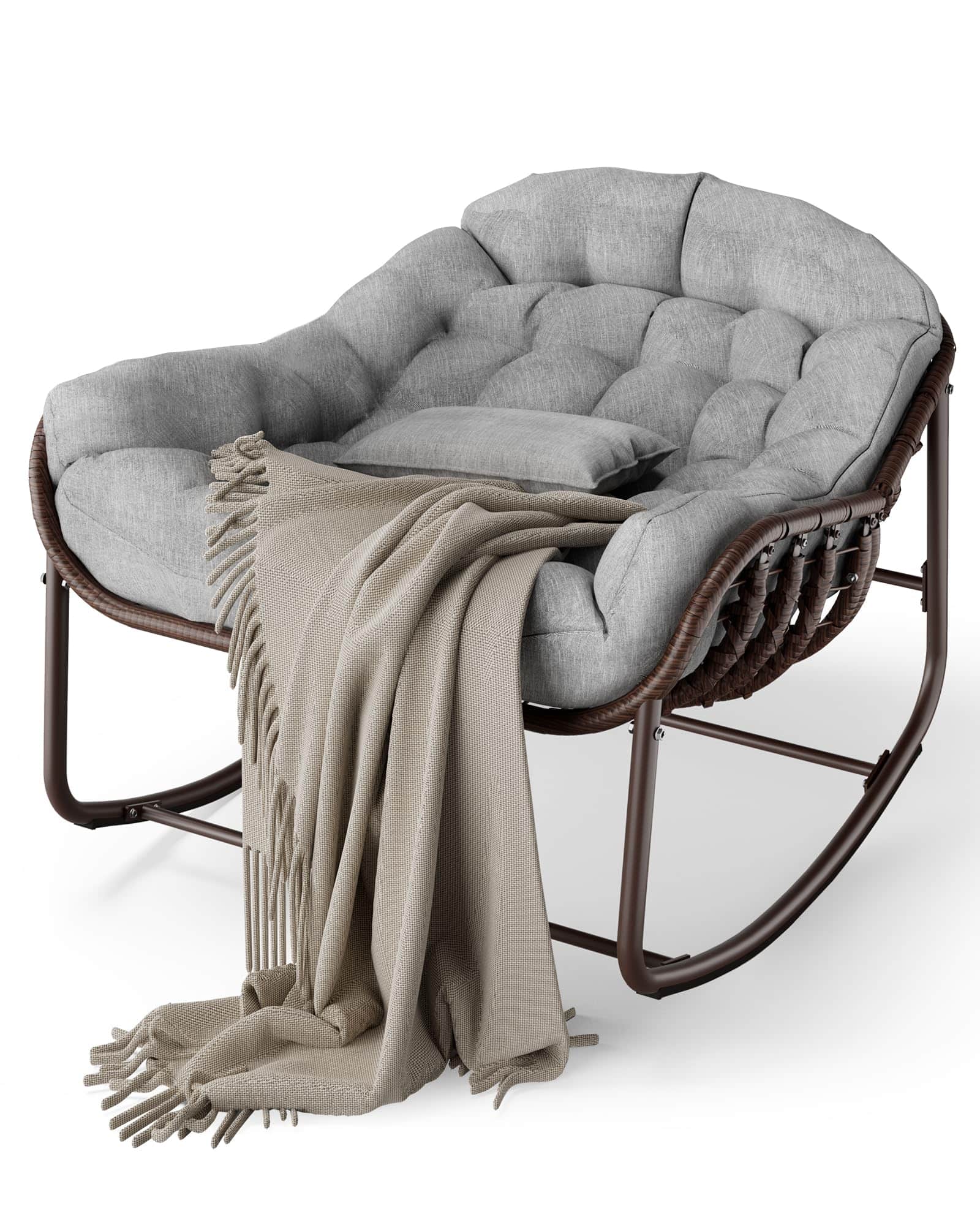 Fabibe - Outdoor Papasan Rocking Chair, Oversized Wicker Lounge Chair with Cushion and Metal Frame, Patio Rattan Egg Rocker - Gray