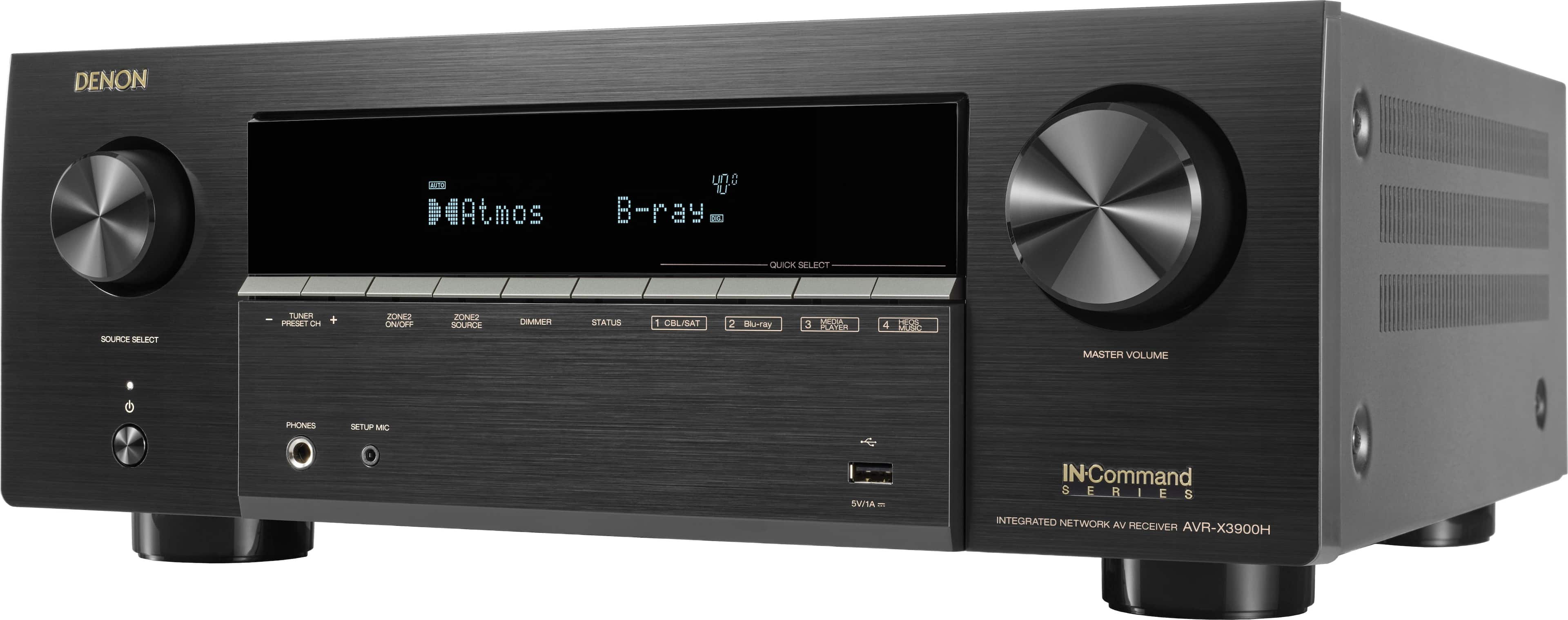 DENON  
1 Atmos  
B-ray  
DC  
QUICK SELECT  
SOURCE SELECT  
TUNER  
PRESET  
CH +  
ZONE2  
ON  
ICPP  
JONK  
SOURCE  
DIMMER  
STATUS  
1  
CBL/SAT  
2  
Maray  
CEA  
3  
CO  
4  
12  
MASTER VOLUME  
PHONES  
SETUP  
MC  
SWVIA  
IN-Command SERIES  
8  
INTEGRATED NETWORK AV RECEIVER  
AVR-X3900H