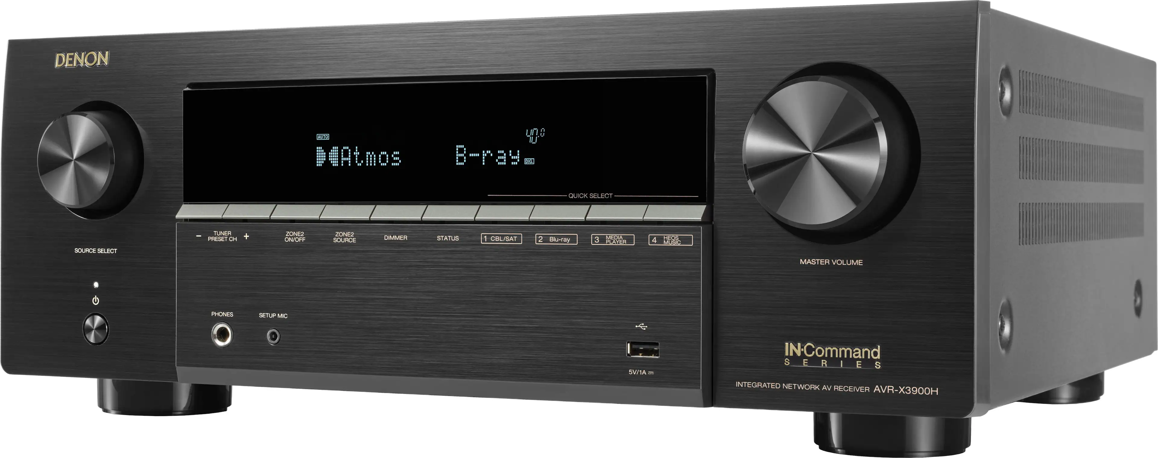 DENON  
1 Atmos  
B-ray  
DC  
QUICK SELECT  
SOURCE SELECT  
TUNER  
PRESET  
CH +  
ZONE2  
ON  
ICPP  
JONK  
SOURCE  
DIMMER  
STATUS  
1  
CBL/SAT  
2  
Maray  
CEA  
3  
CO  
4  
12  
MASTER VOLUME  
PHONES  
SETUP  
MC  
SWVIA  
IN-Command SERIES  
8  
INTEGRATED NETWORK AV RECEIVER  
AVR-X3900H