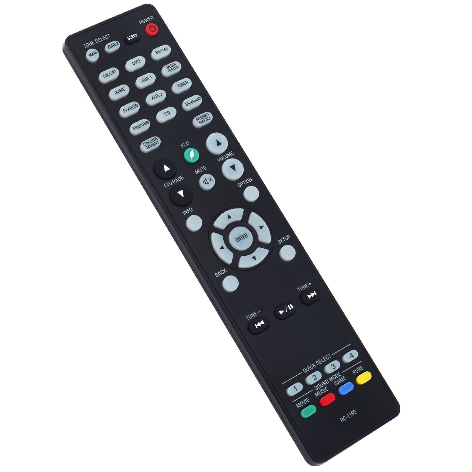 POWER  
ZONE SELECT  
SLEEP  
ZONE2  
MAIN  
CALISAT  
DVD  
MEGIA PLAYER  
AUX1  
TUNER  
GAME  
AUXS  
AUDIO  
Bluetooth  
TV/USB  
INTERNET RADIO  
Posusa  
MUNIC  
ECO  
VOLUME  
MUTE  
CH/PAGE  
OPTION  
INFO  
ENTER  
SETUP  
BACK  
TUNE+  
TUNE-  
QUICK SELECT  
4  
3  
2  
1  
SOUND MODE  
PURE  
MOVIE  
GAME  
MUSIC