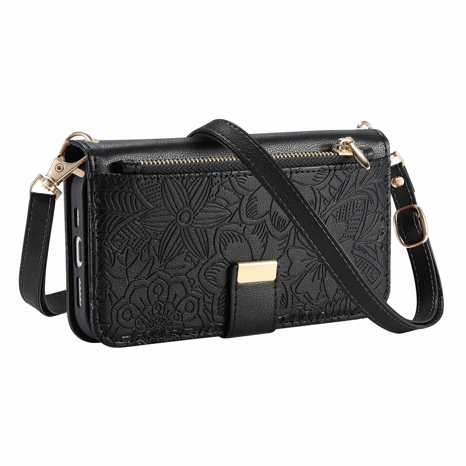 Alt View 4. Dteck - Floral Embossed Leather Zipper Cash Slot Wallet Case for Apple iPhone 17 with Detachable Strap - Black.