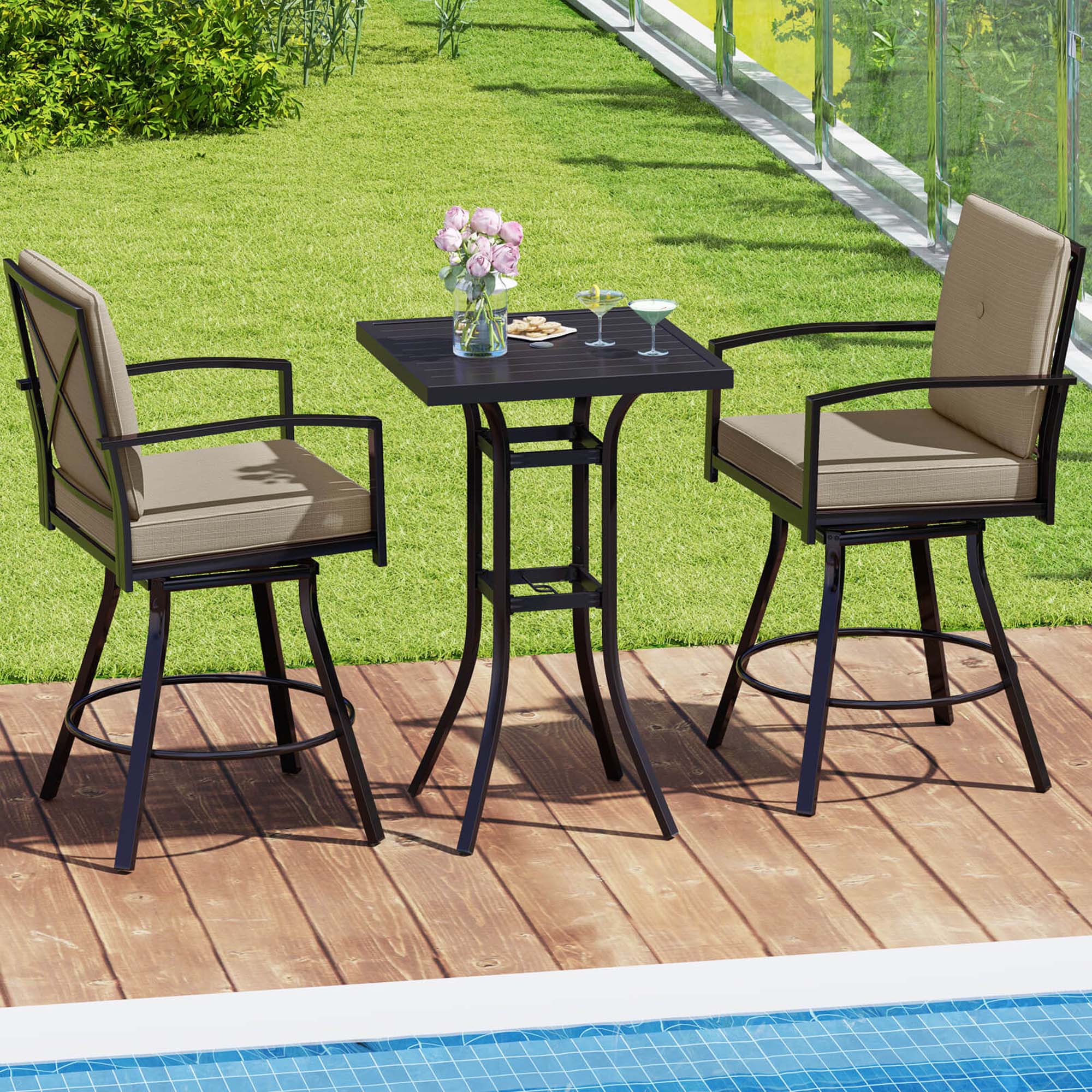 Back. Costway - 3 PCS Patio Swivel Bar Set Table and Chairs Set with Soft Cushions & Umbrella Hole - Brown,Black.
