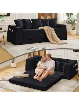 Trinkets Crazed - 82.25" Convertible Sofa Bed, Loveseat Sleeper Sofa, 2 In 1 Sofa, Corduroy Pull Out Sofa Bed, 5 Pillows, Side Pocket - Black