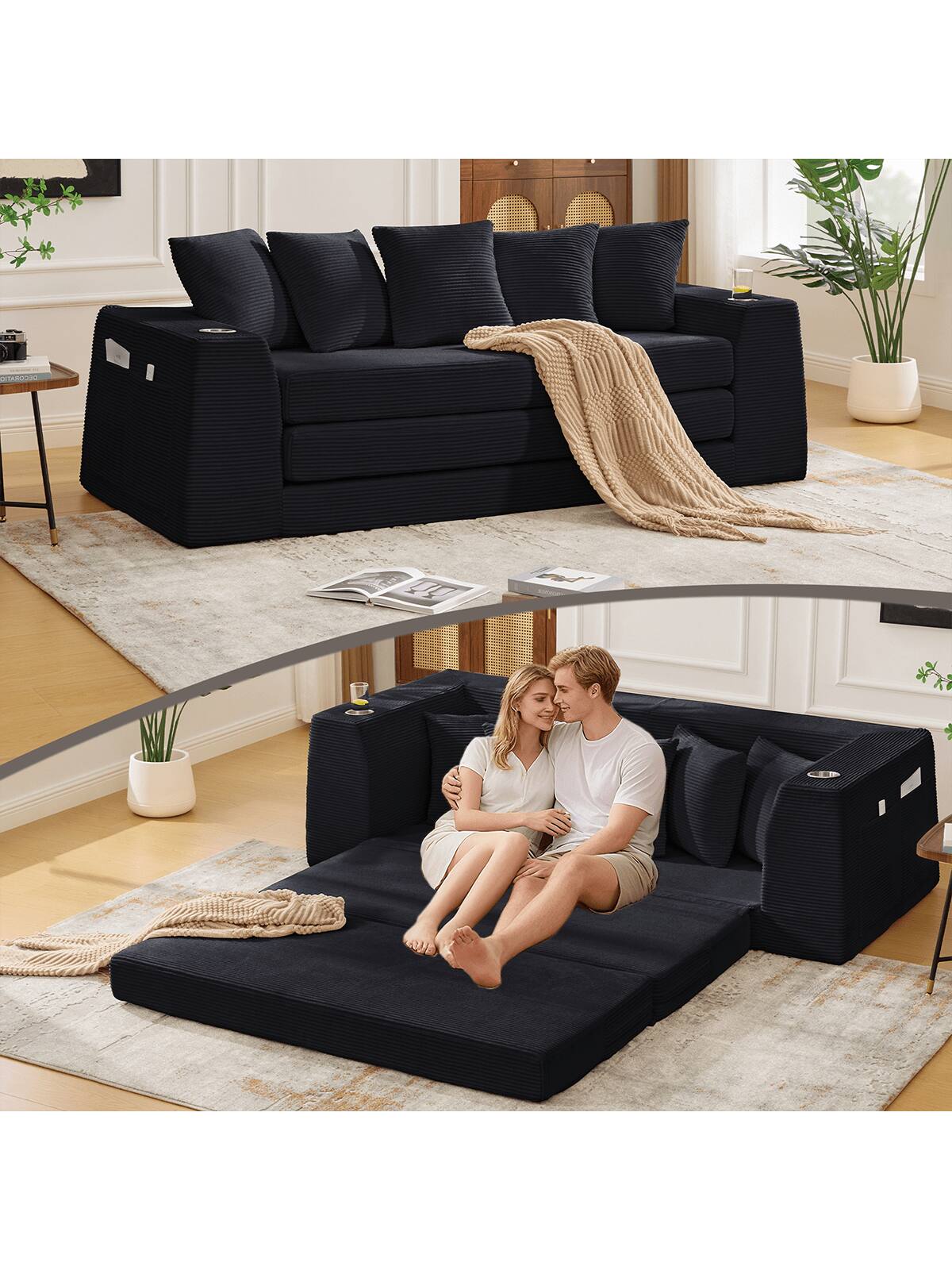 Front. Trinkets Crazed - 82.25" Convertible Sofa Bed, Loveseat Sleeper Sofa, 2 In 1 Sofa, Corduroy Pull Out Sofa Bed, 5 Pillows, Side Pocket - Black.