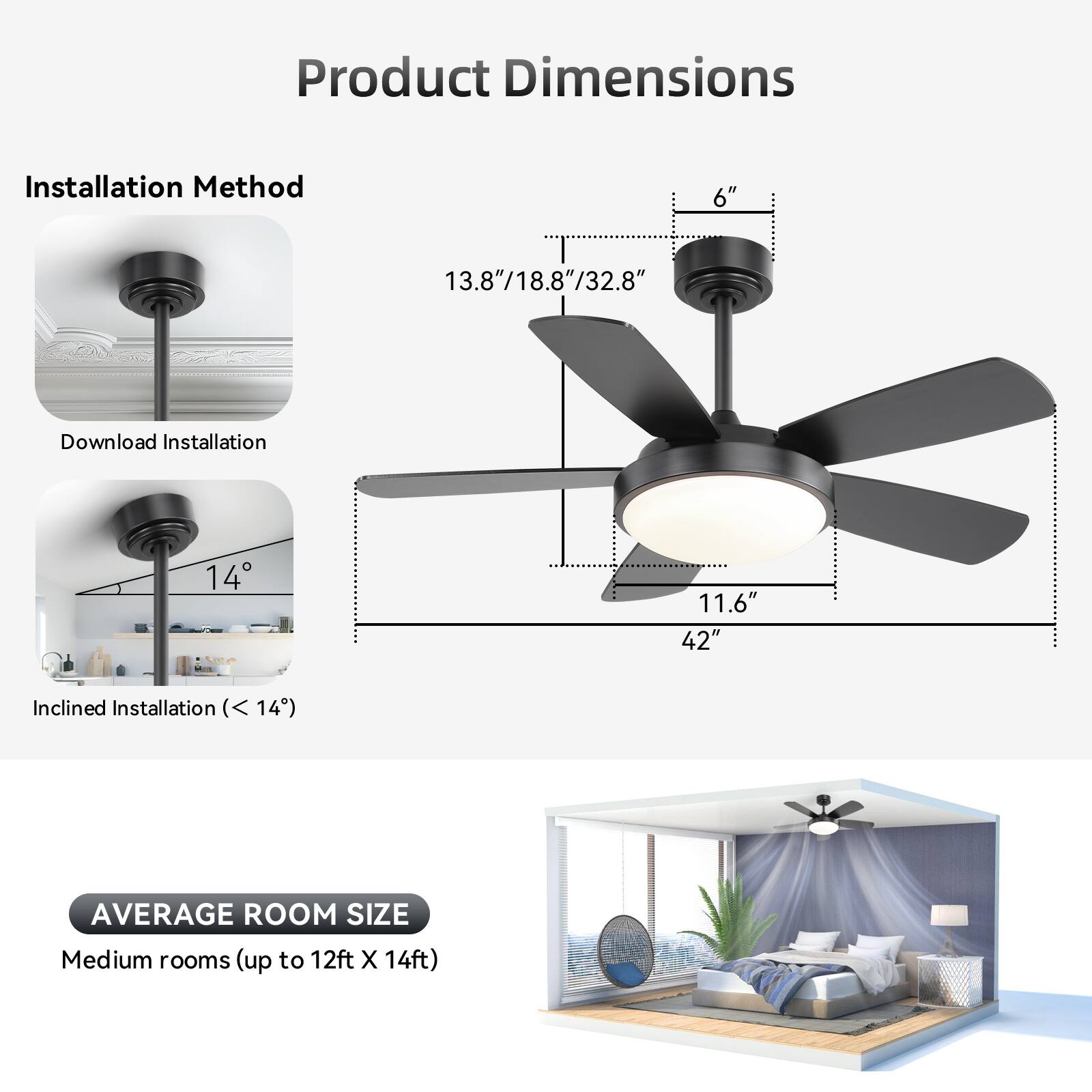 Product Dimensions

Installation Method

- Download Installation
- Inclined Installation (< 14°)

AVERAGE ROOM SIZE

Medium rooms (up to 12ft X 14ft)

Dimensions:
- 6"
- 13.8"/18.8"/32.8"
- 11.6"
- 42"