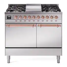 ILVE - Nostalgie II 40 inch Dual Fuel Range with 6 Burners + Griddle (Natural Gas, Stainless Steel, Copper Trim) - Stainless Steel