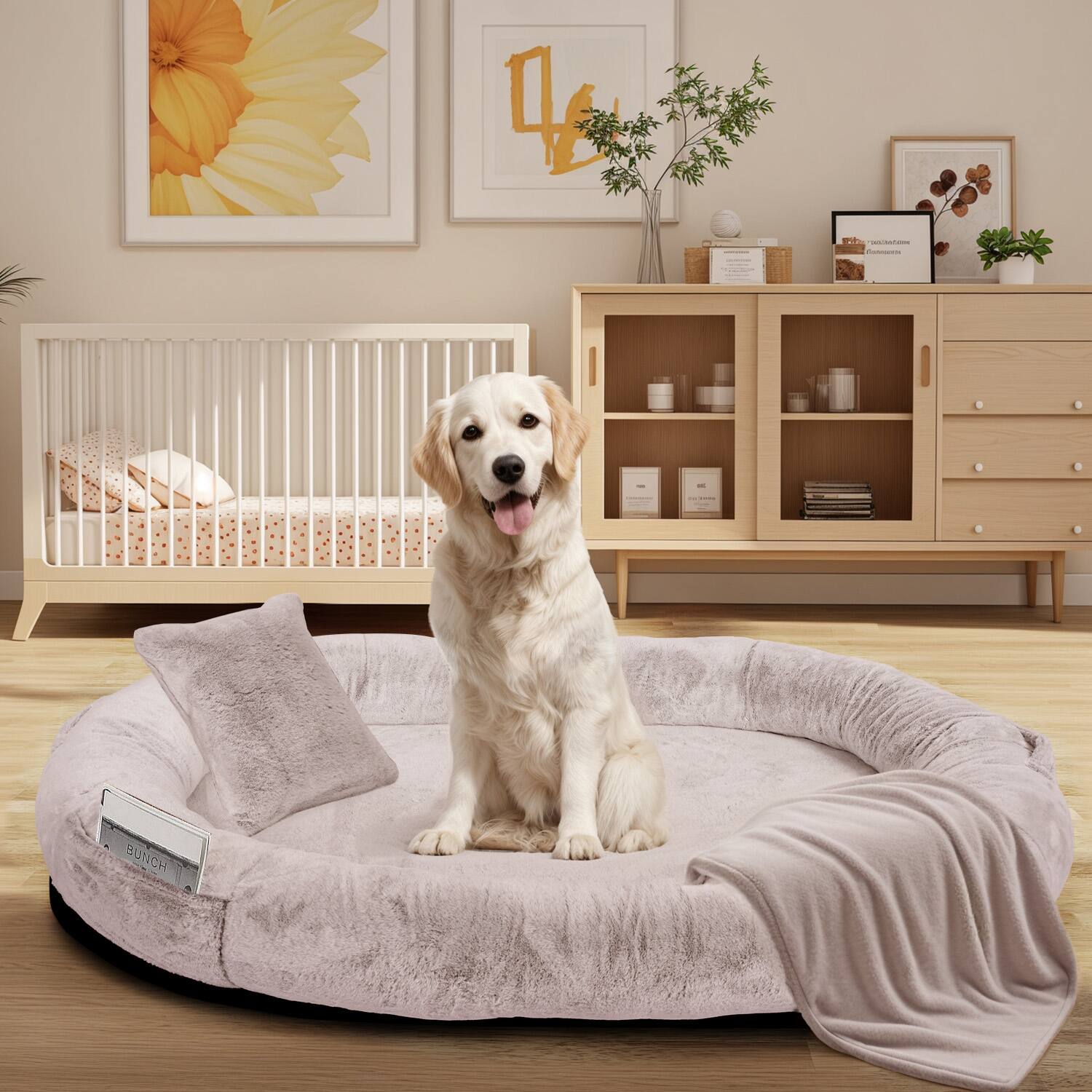 Alt View 4. Furryfection - Oversize Faux Fur Human dog Bed with Pillow and Blanket - Camel.