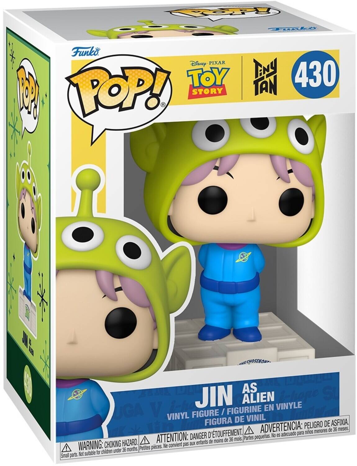 Sure, here is the corrected and grouped text from the image:

---

**Funko POP!**

**Disney PIXAR TOY STORY**

**Tiny Tan**

**430**

**JIN AS ALIEN**

**VINYL FIGURE / FIGURINE EN VINYLE / FIGURA DE VINIL**

**WARNING: CHOKING HAZARD. Small parts. Not suitable for children under 36 months.**

**ATTENTION: DANGER D'ÉTOUFFEMENT. Petites pièces. Ne convient pas aux enfants de moins de 36 mois.**

**ADVERTENCIA: PEORO DE ASFIXIA. D'TOUFFEMENT. ADVERTENCIA: para niños menores de 36 meses.**

**DANGER: SMALL PARTS. Not suitable for children under 36 months.**

**THE CHOSEN ONE**

---