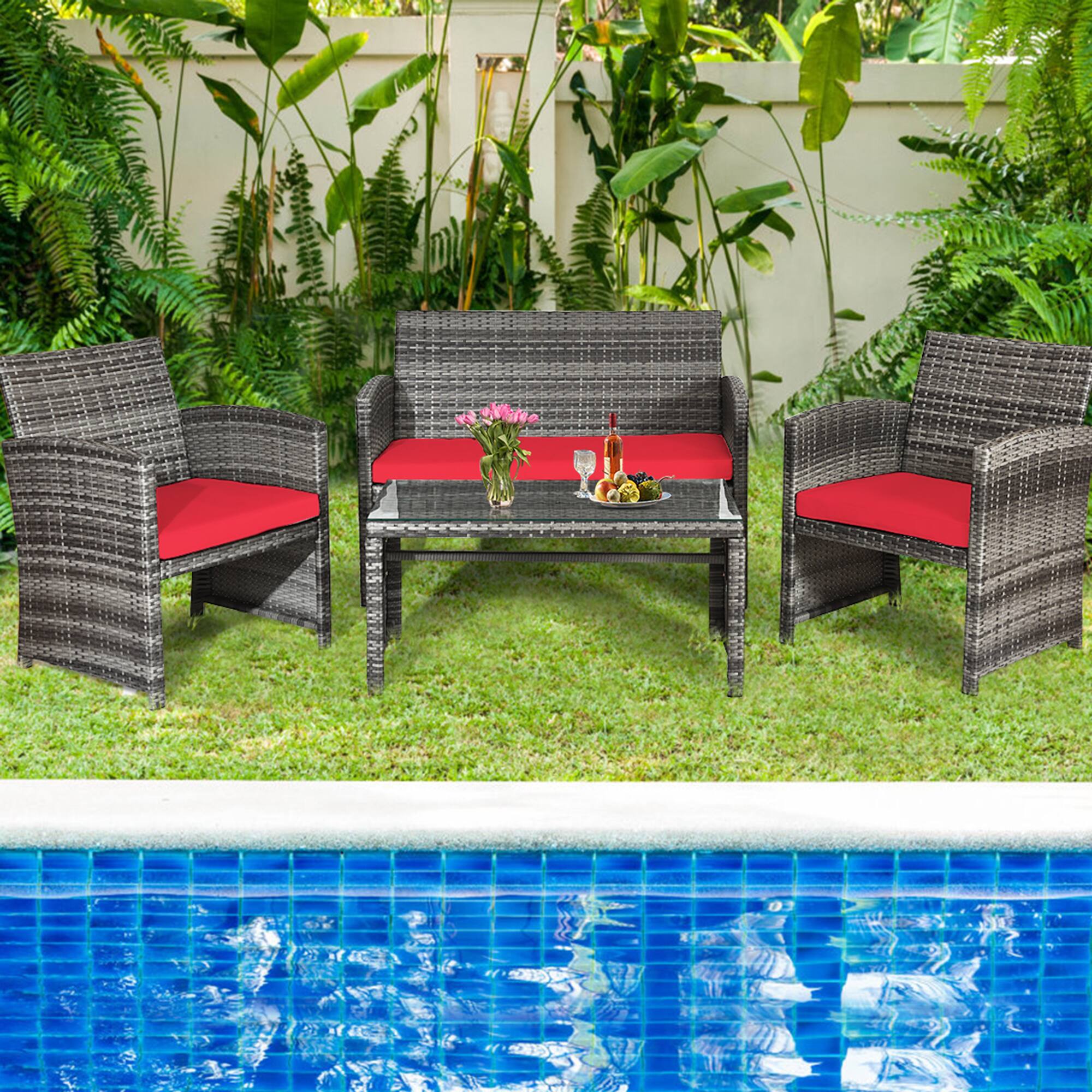 Alt View 4. Gymax - Gymax 8PCS Patio Outdoor Rattan Conversation Furniture Set w/ Red Cushion - Mix Grey.