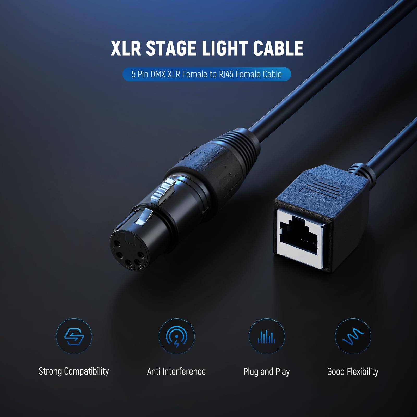 XLR STAGE LIGHT CABLE  
5 Pin DMX XLR Female to RJ45 Female Cable  

- Strong Compatibility  
- Anti Interference  
- Plug and Play  
- Good Flexibility