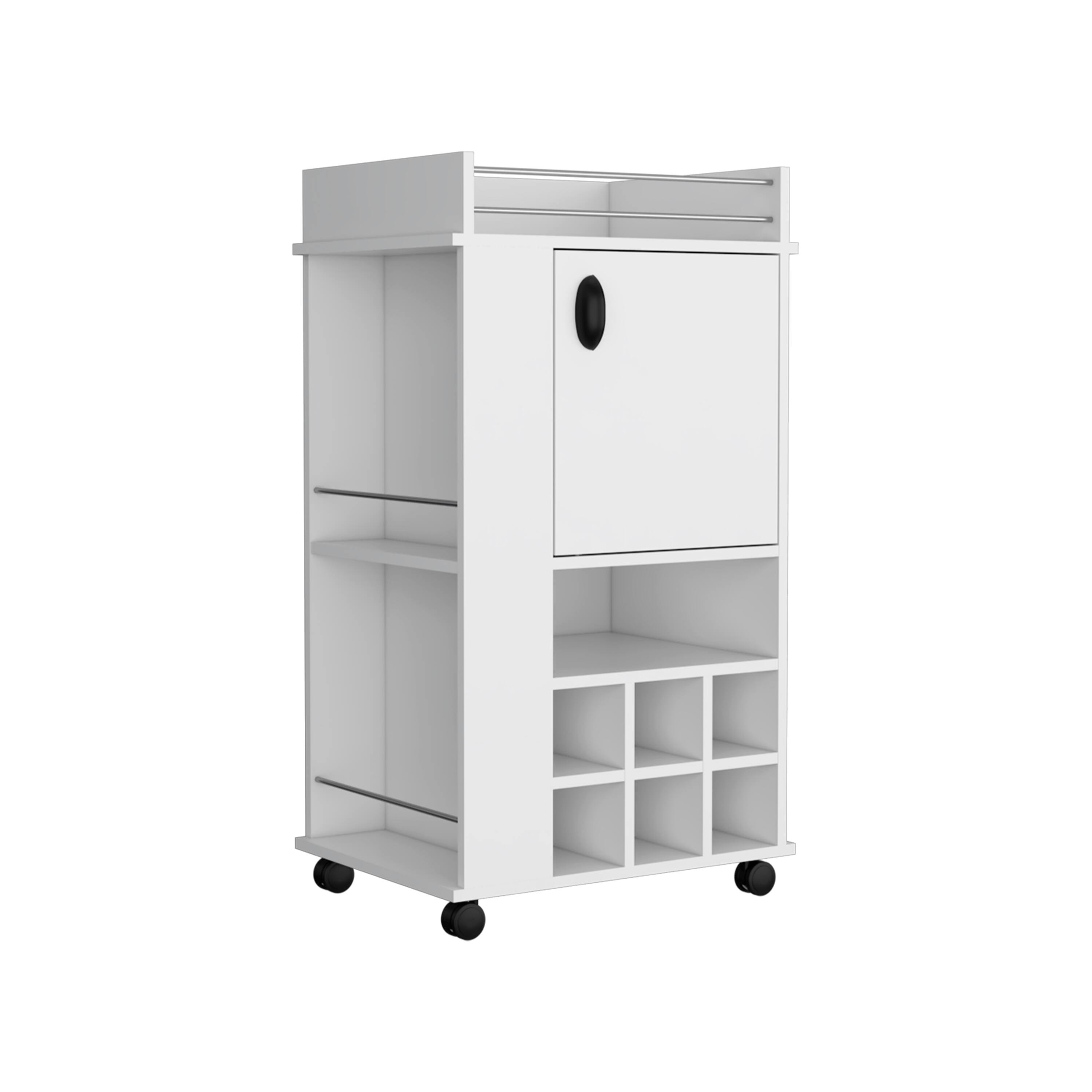 Front. TuHome - Fargo Bar Cart with Cabinet, 6 Built-In Wine Rack And Casters, Bar Room or Living Room - White.