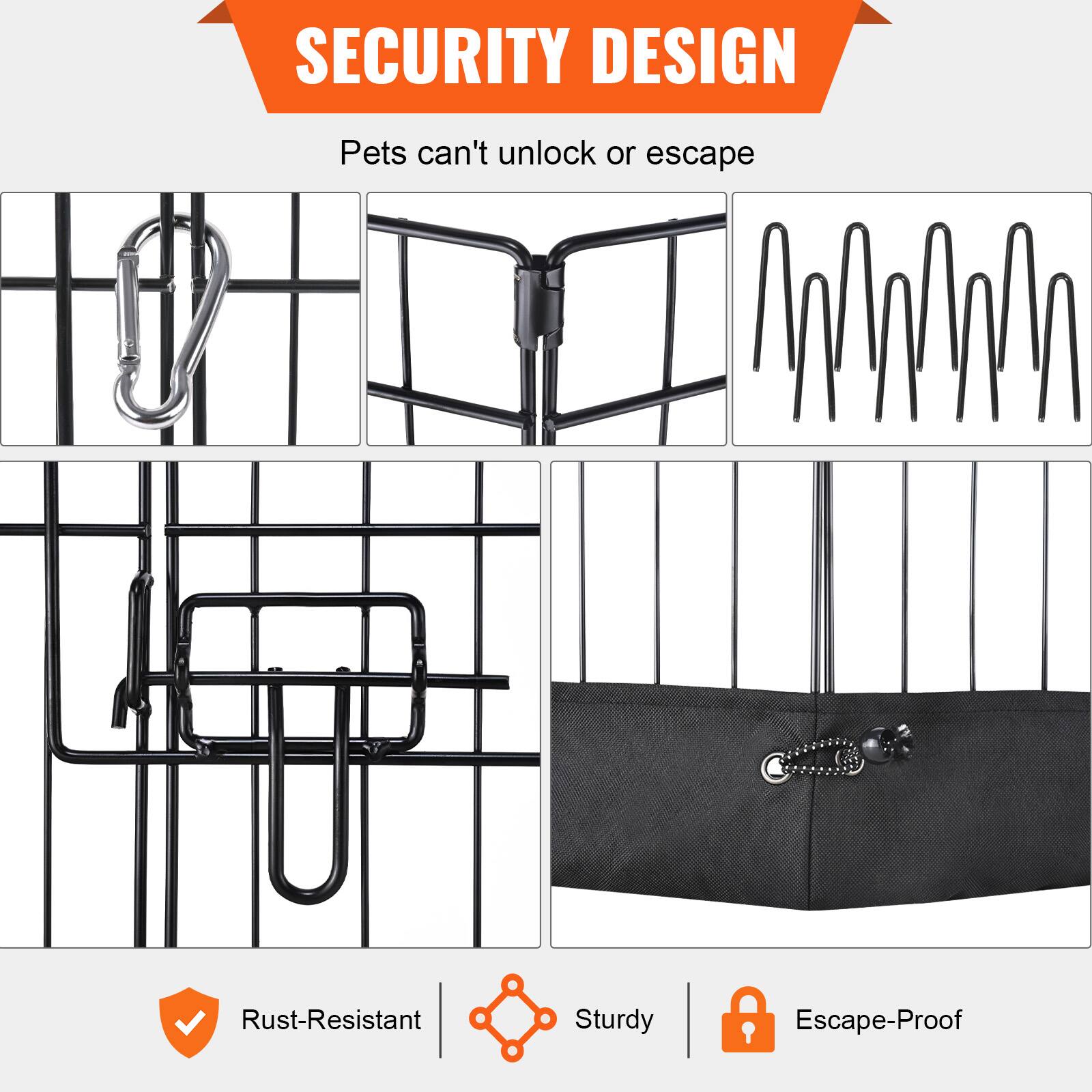 The text in the image can be grouped and corrected as follows:

**Security Design**
- Pets can't unlock or escape
- Rust-Resistant
- Sturdy
- Escape-Proof

This highlights the features of the product, emphasizing its security, durability, and resistance to rust.