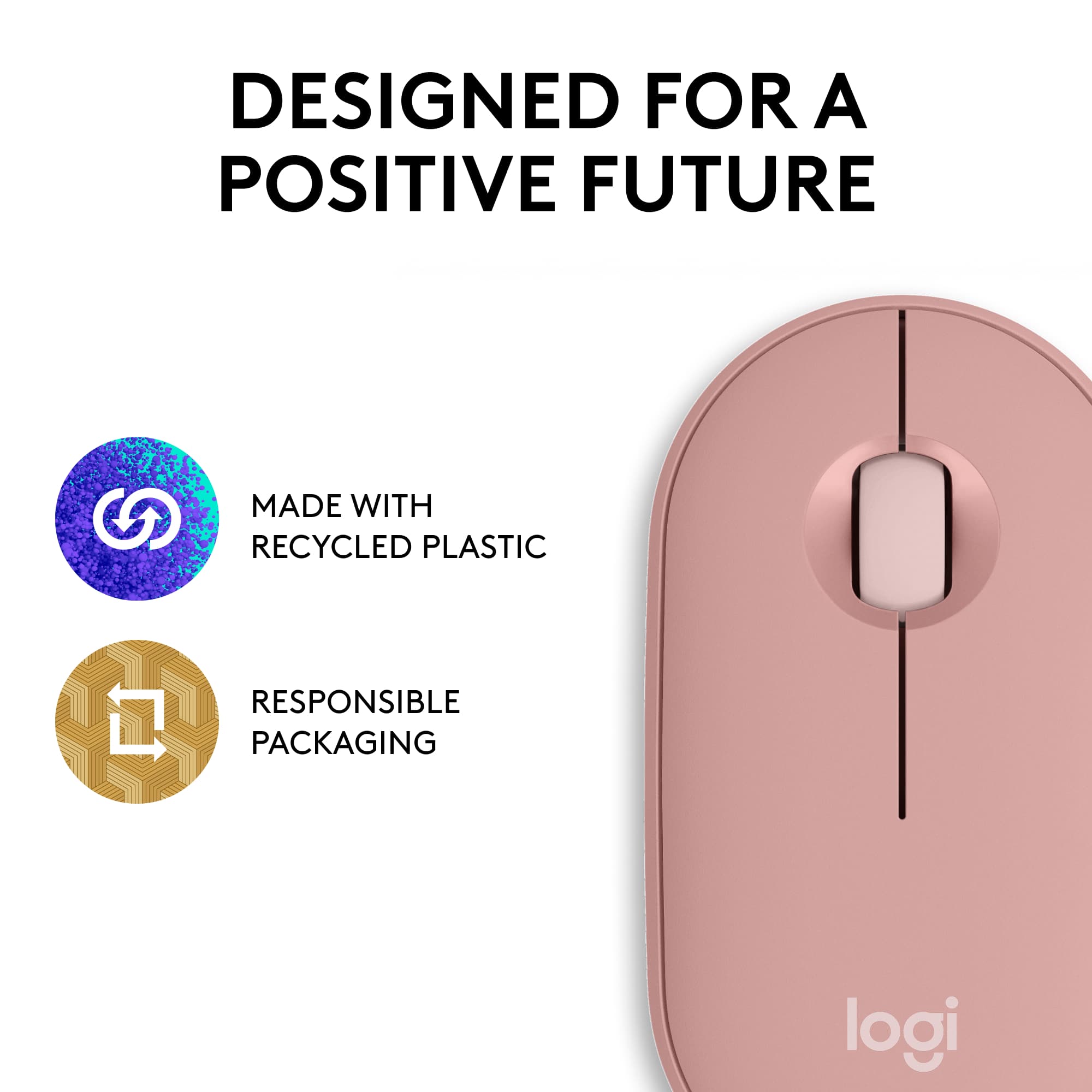 Designed for a Positive Future. Made with Recycled Plastic. Responsible Packaging. Logi.