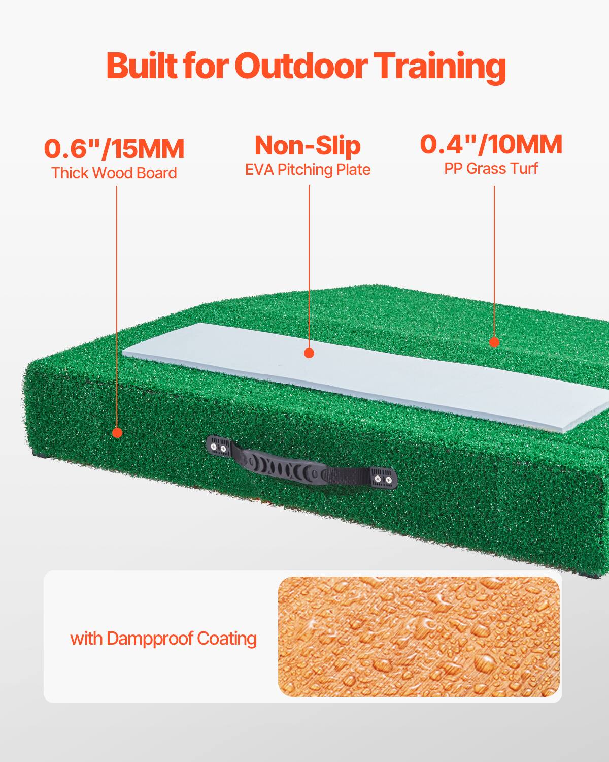 Built for Outdoor Training

0.6"/15MM Thick Wood Board

Non-Slip EVA Pitching Plate

0.4"/10MM PP Grass Turf

with Dampproof Coating
