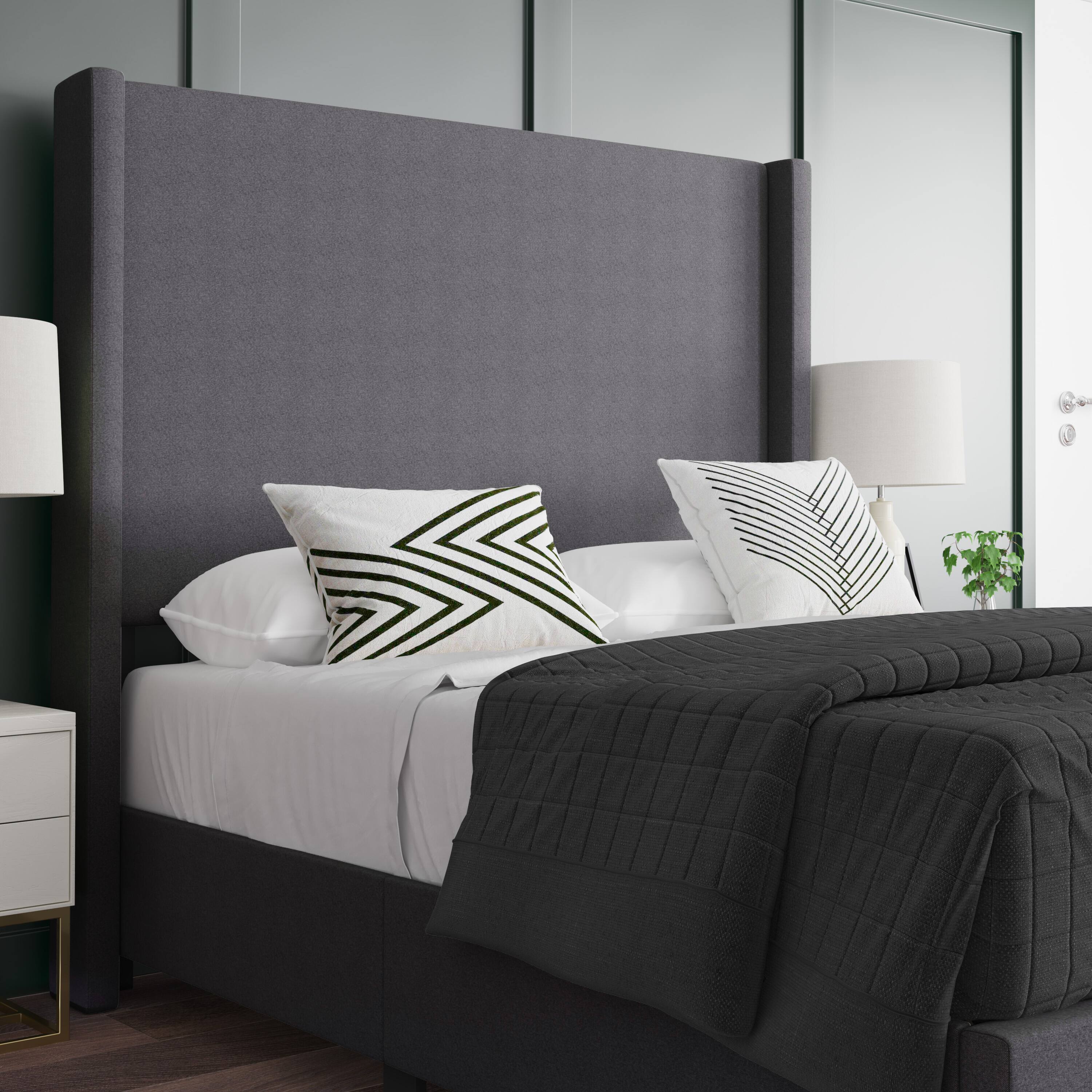 Alt View 4. Emma + Oliver - Nora upholstered Platform Bed with Plush Padded Wingback Headboard and Wood Support Slats - No Box Spring Needed - Gray.