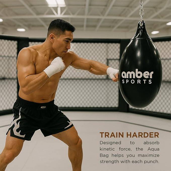 amber SPORTS

TRAIN HARDER

Designed to absorb kinetic force, the Aqua Bag helps you maximize strength with each punch.