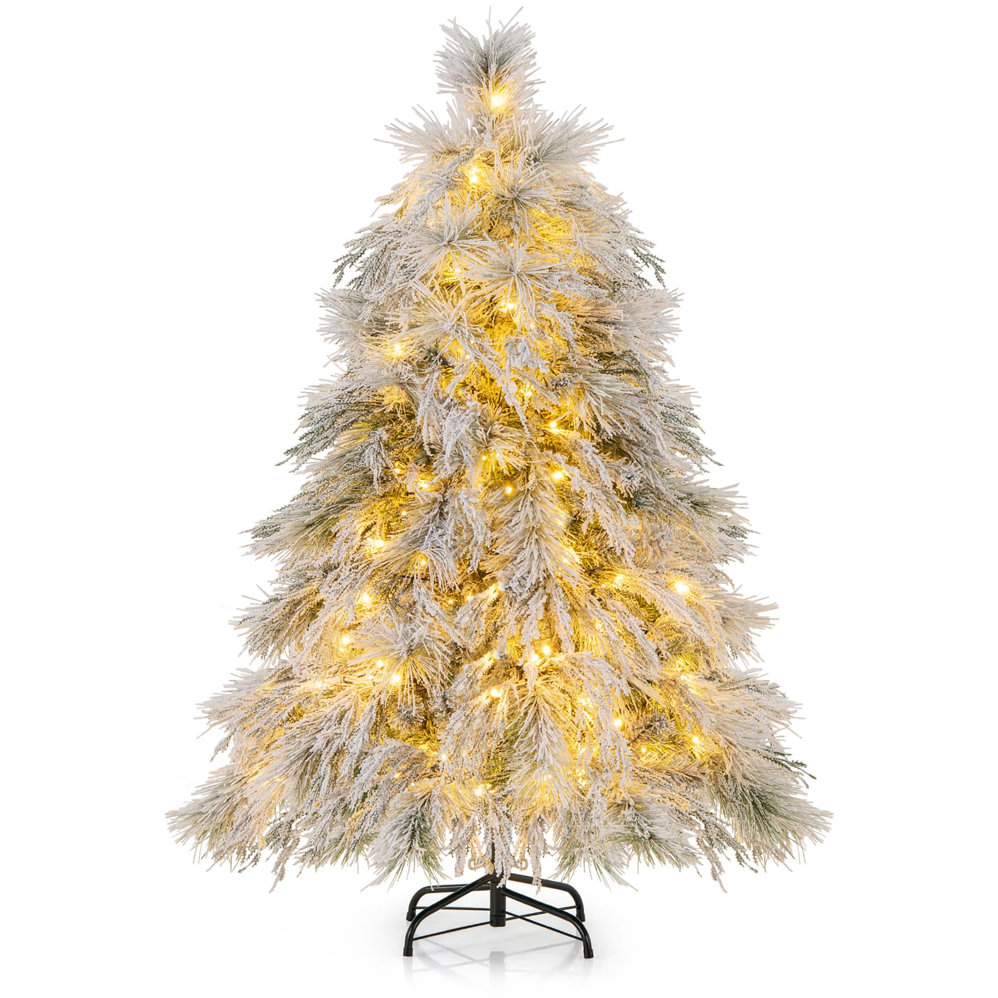 Gymax - 4.5 FT Pre-Lit Artificial Christmas Tree Snow Flocked Full Xmas Tree - Green, White
