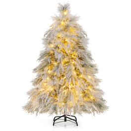 Gymax - 4.5 FT Pre-Lit Artificial Christmas Tree Snow Flocked Full Xmas Tree - Green, White