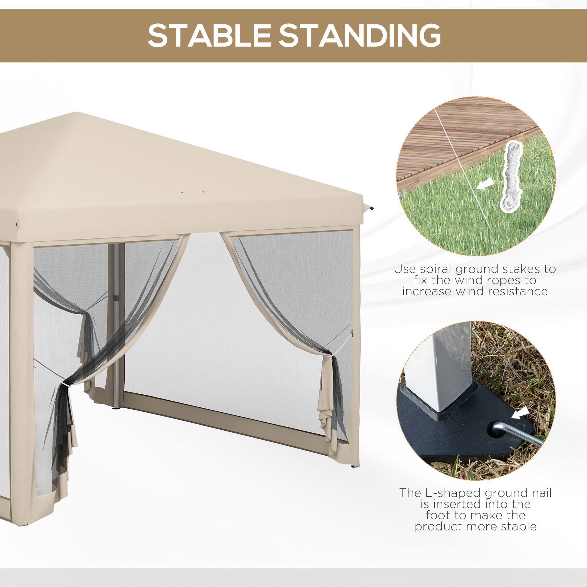 STABLE STANDING

Use spiral ground stakes to fix the wind ropes to increase wind resistance.

The L-shaped ground nail is inserted into the foot to make the product more stable.
