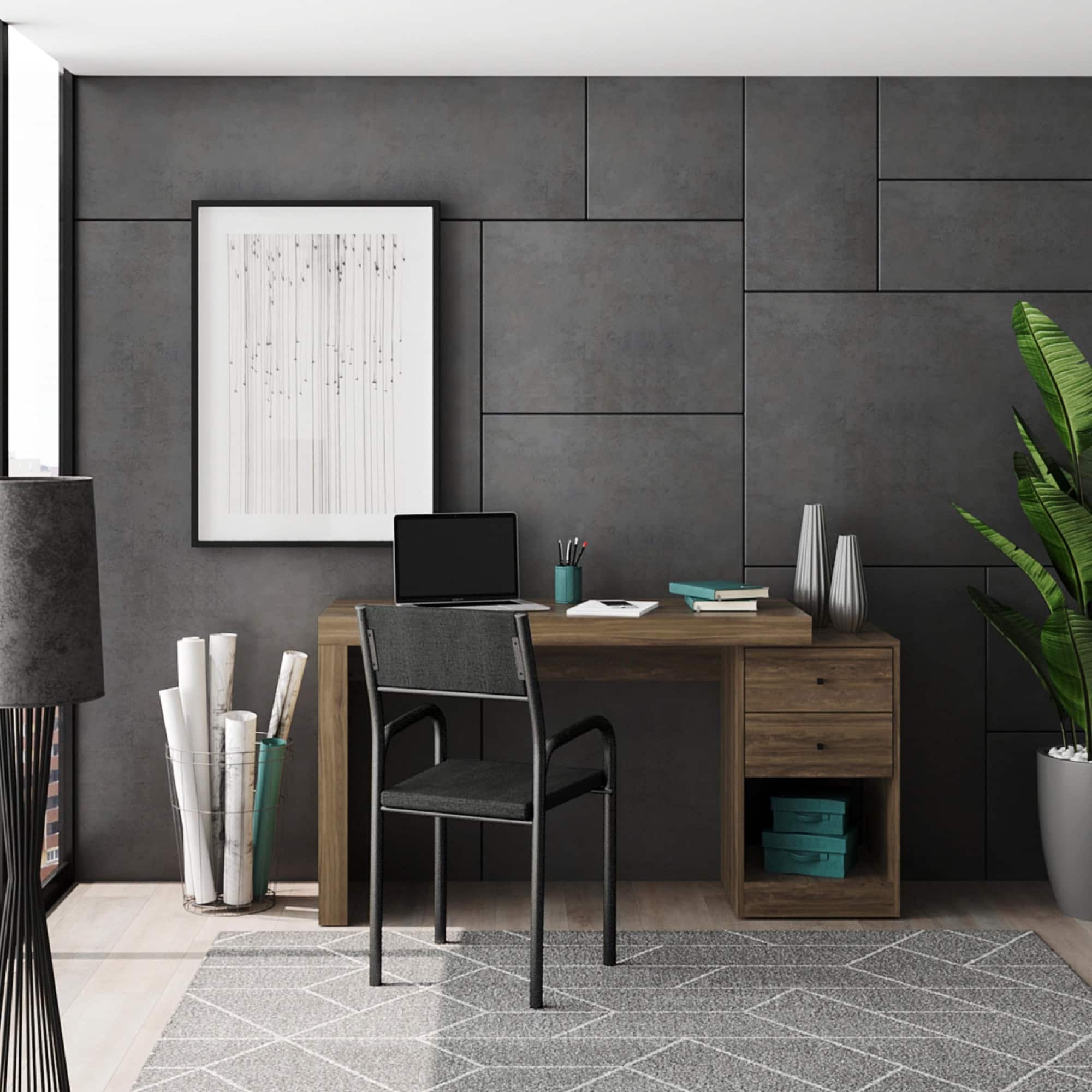 GOODSILO - Expandable Home Office Desk with Storage Drawers and Shelf - Walnut