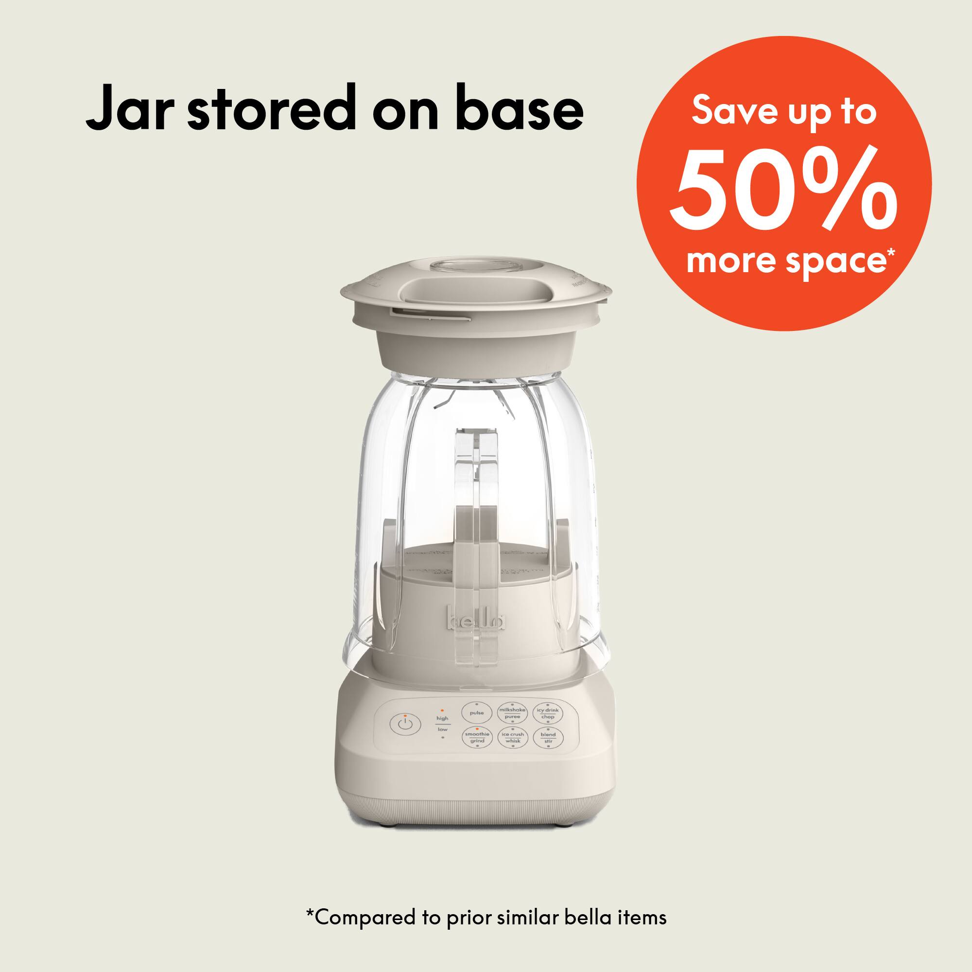 Jar stored on base

Save up to 50% more space*

*Compared to prior similar bella items