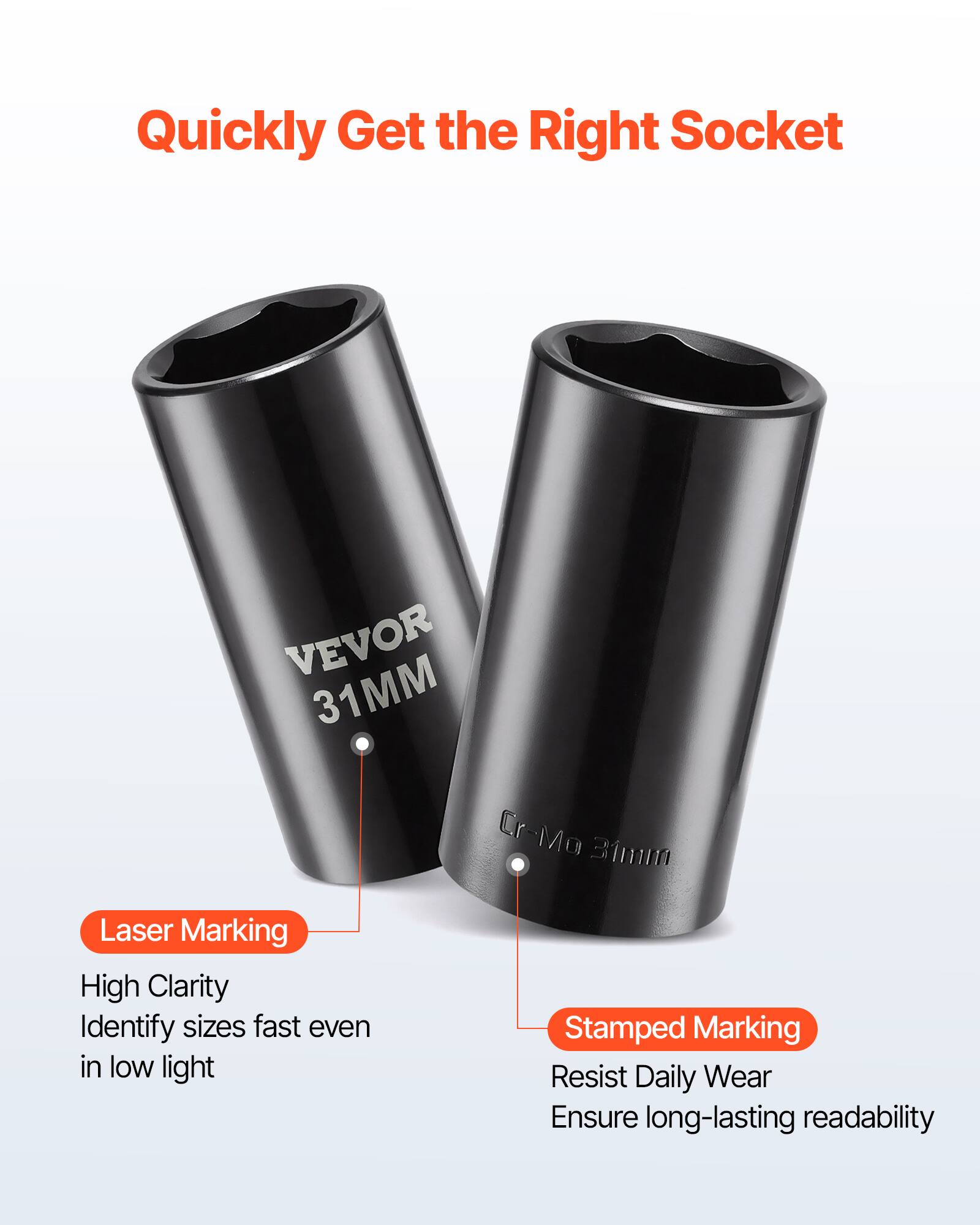 Quickly Get the Right Socket

VEVOR 31MM Cr Cr-Mo

Laser Marking
- High Clarity
- Identify sizes fast even in low light

Stamped Marking
- Resist Daily Wear
- Ensure long-lasting readability