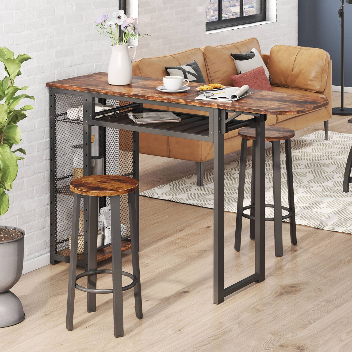 Left. Bestier - Home Bar Set with 2 Stools Drop Leaf Table 5 Tiers Storage Wine Rack and Elevated Base for Robot Vacuum - Rustic Brown.