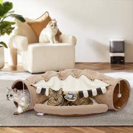 Pefilos - 49" Cat Tunnel Bed for Indoor, Cat Tube with Collapsible Washable Cat Bed, Cat Toys for Kitty City - Brown