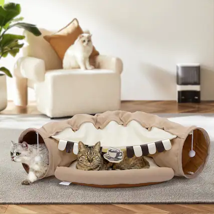 Front. Pefilos - 49" Cat Tunnel Bed for Indoor, Cat Tube with Collapsible Washable Cat Bed, Cat Toys for Kitty City - Brown.