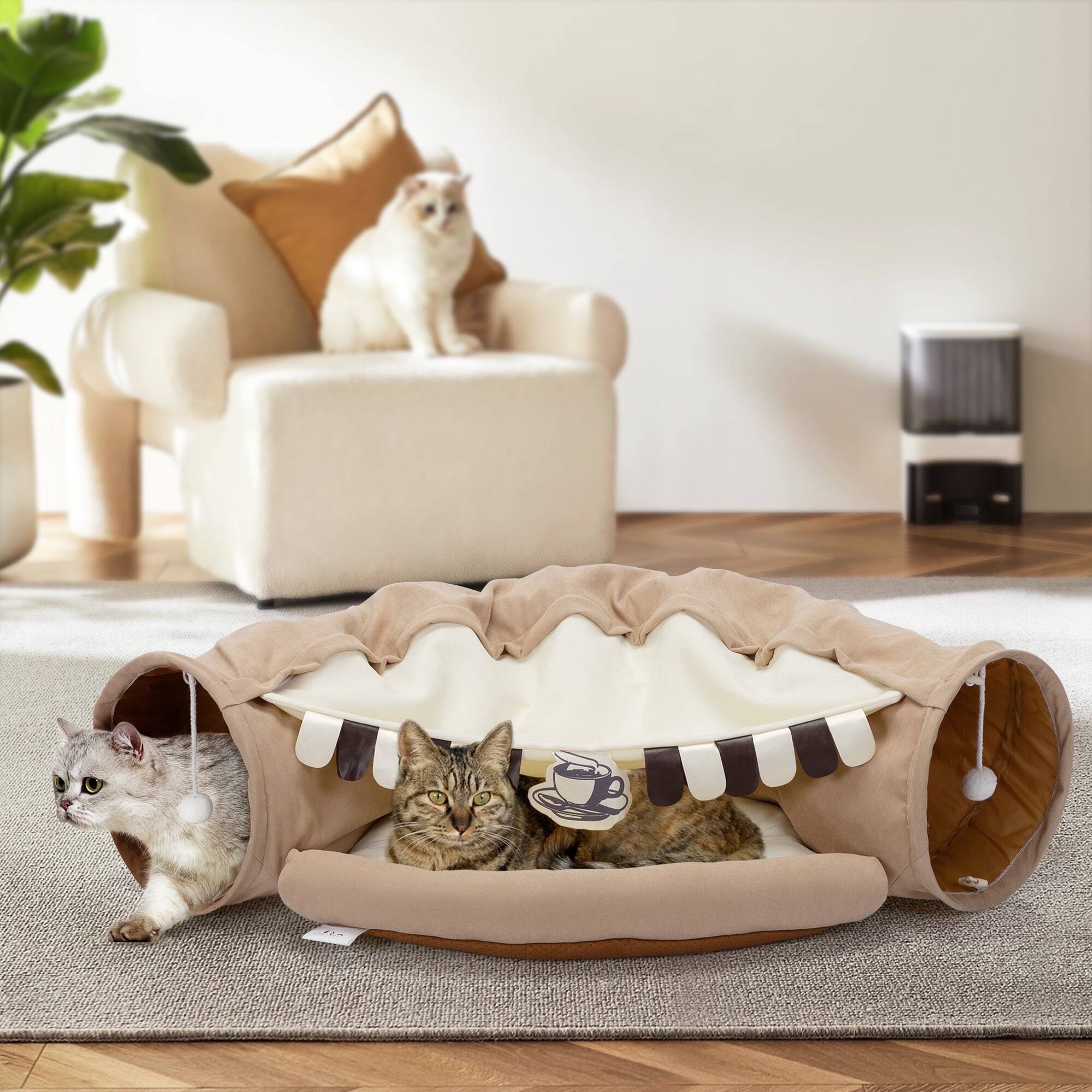 Front. Pefilos - 49" Cat Tunnel Bed for Indoor, Cat Tube with Collapsible Washable Cat Bed, Cat Toys for Kitty City - Brown.