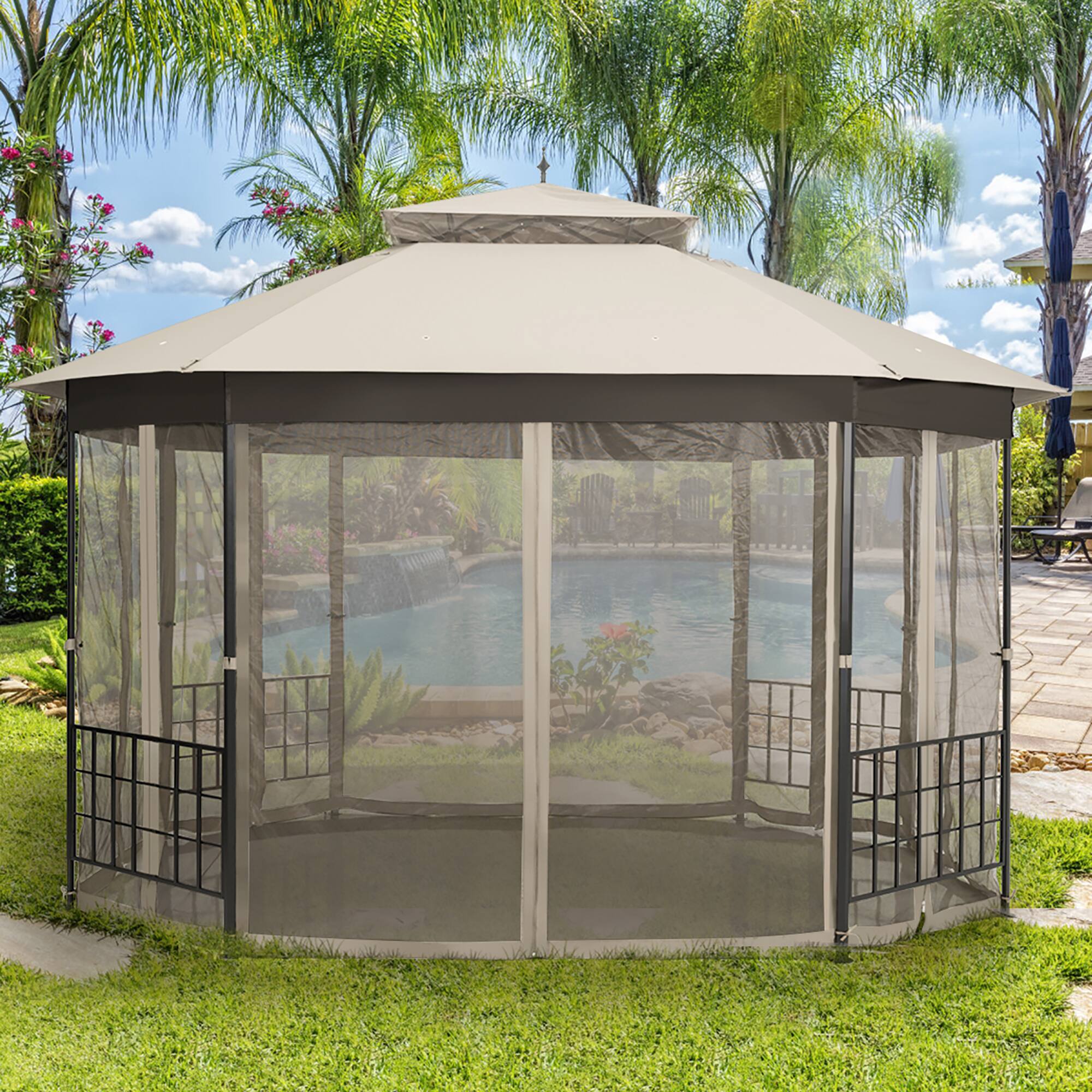 Alt View 3. Costway - Costway 10'x12' Patio Gazebo Canopy Shelter Double Top Netting Sidewalls - Beige.