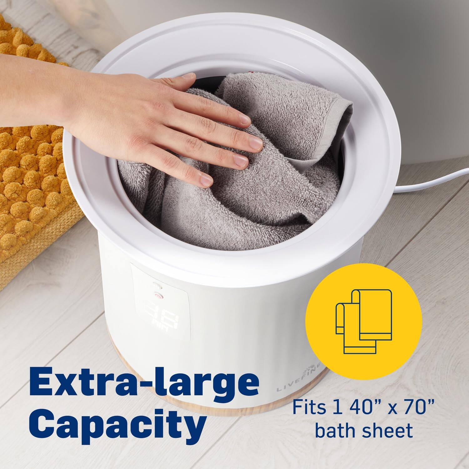 Extra-large Capacity  
Fits 1 40" x 70" bath sheet