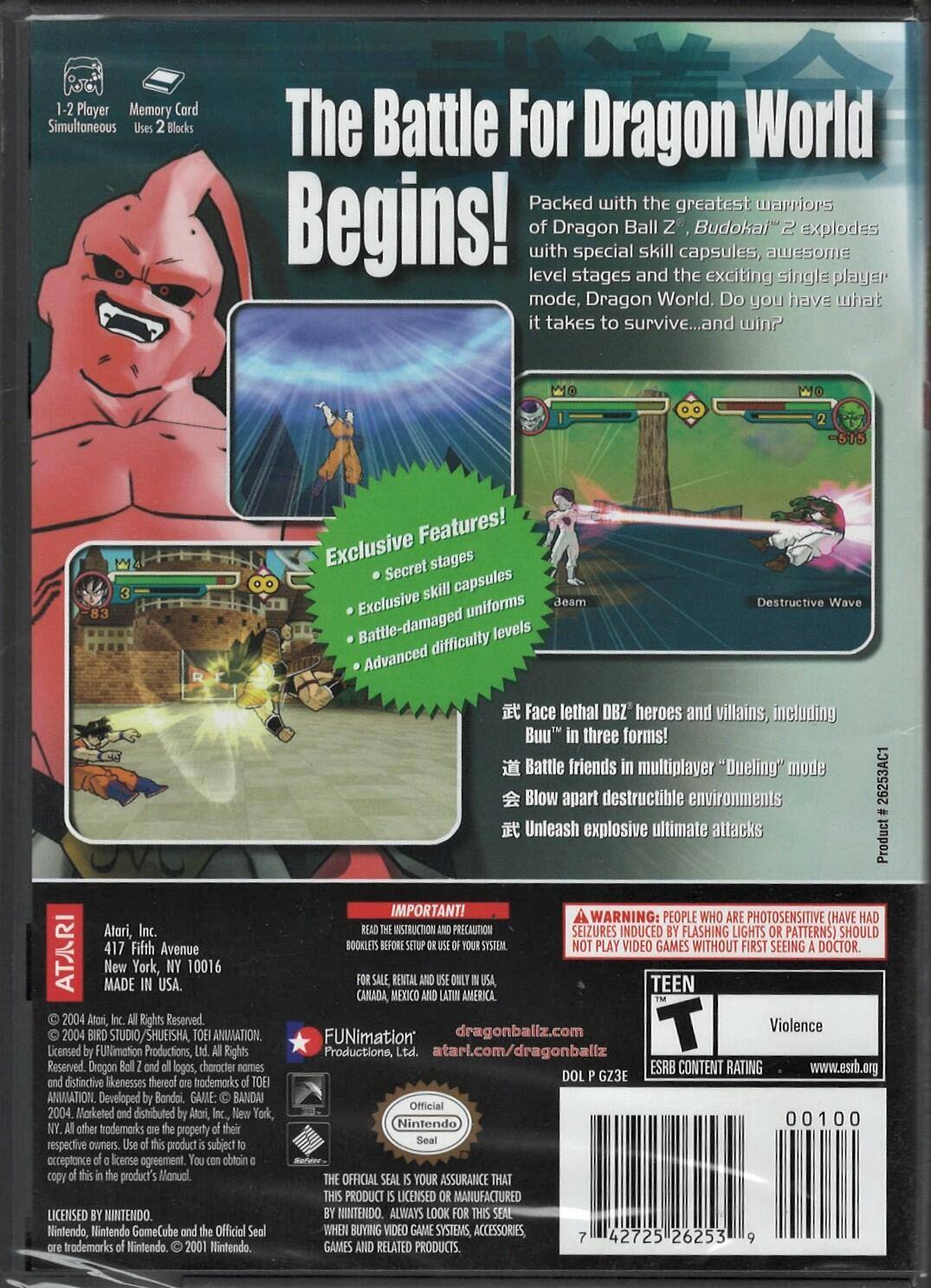 **The Battle for Dragon World Begins!**

Packed with the greatest warriors of Dragon Ball Z, "Budokai 2" explodes with special skill capsules, awesome level stages, and the exciting single player mode, Dragon World. Do you have what it takes to survive... and win?

**Exclusive Features!**
- Secret stages
- Exclusive skill capsules
- Battle-damaged uniforms
- Advanced difficulty levels

**Face lethal DBZ heroes and villains, including Buu in three forms!**
- Battle friends in multiplayer "Dueling" mode
- Blow apart destructible environments
- Unleash explosive ultimate attacks

**1-2 Player Simultaneous**
Memory Card Uses 2 Blocks

**ATARI**
417 Fifth Avenue
New York, NY 10016
MADE IN USA

**IMPORTANT!**
READ THE INSTRUCTION MANUAL BEFORE SETUP OR USE OF THIS PRODUCT. FOR SALE RENTAL AND USE IN USA, CANADA, MEXICO AND LATIN AMERICA ONLY.

**WARNING:**
PEOPLE WHO ARE PHOTOSENSITIVE (HAVE HAD SEIZURES INDUCED BY FLASHING LIGHTS OR PATTERNS) SHOULD NOT PLAY VIDEO GAMES WITHOUT FIRST SEEING A DOCTOR.

**ES