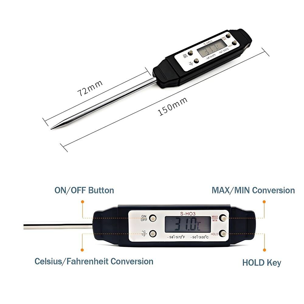 - 72mm
- 150mm
- ON/OFF Button
- MAX/MIN Conversion
- Celsius/Fahrenheit Conversion
- HOLD Key
- S-HO3
- -58°/572°F
- -50°/300°C