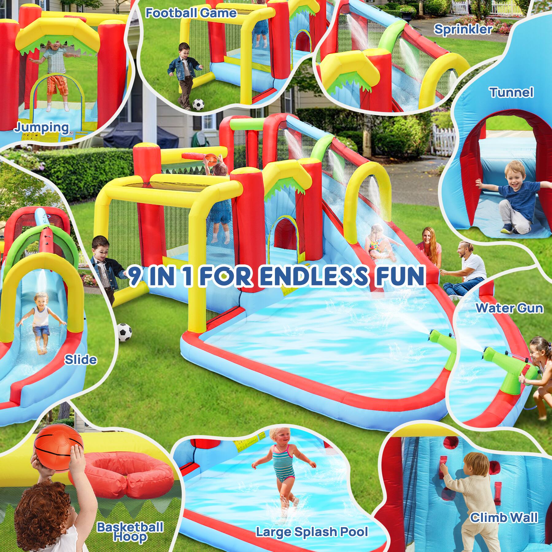 Football Game Sprinkler Tunnel Jumping 9 IN 1 FOR ENDLESS FUN Water Gun Slide Basketball Hoop Large Splash Pool Climb Wall