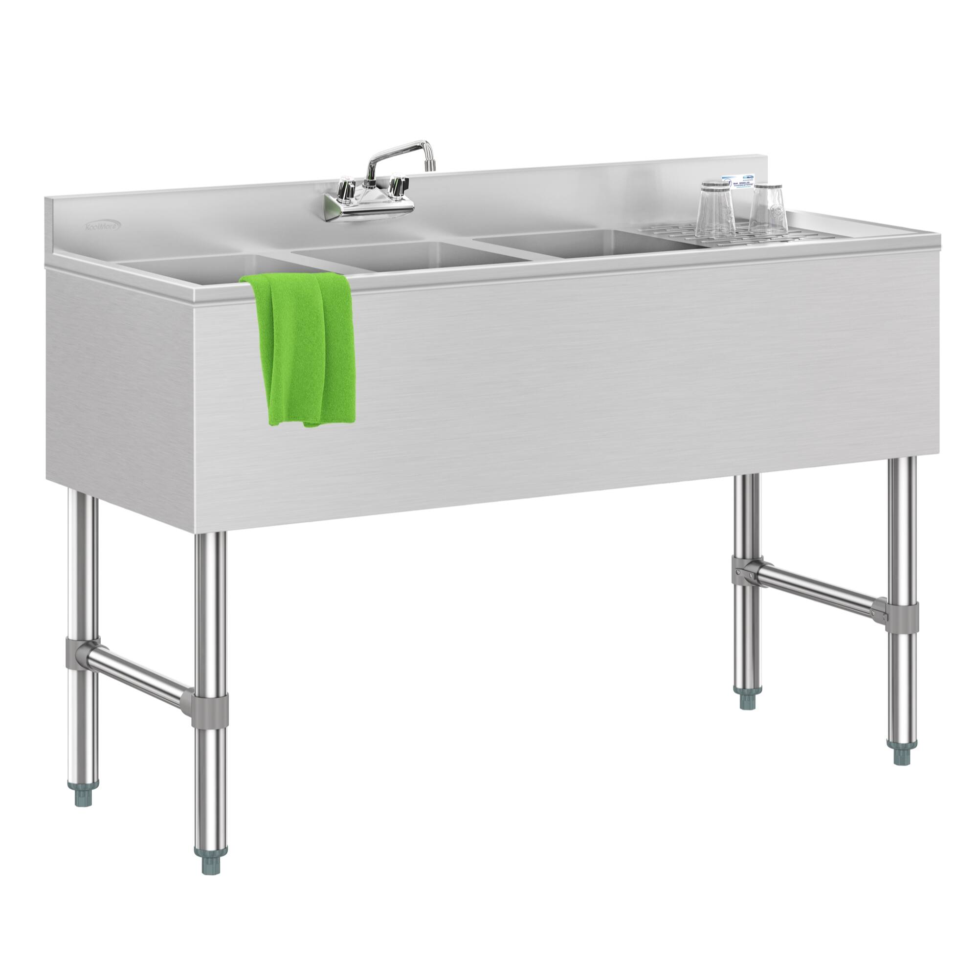Angle. Koolmore - 48 in. Three-Compartment  Under-Bar Sink with 3 in. Backsplash, Right Drainboard and Low Lead Faucet, NSF - Stainless Steel.