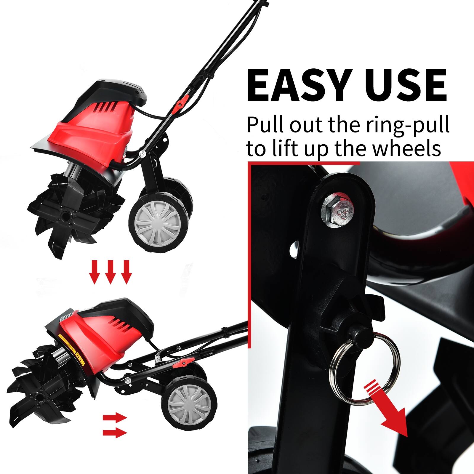 EASY USE  
Pull out the ring-pull to lift up the wheels