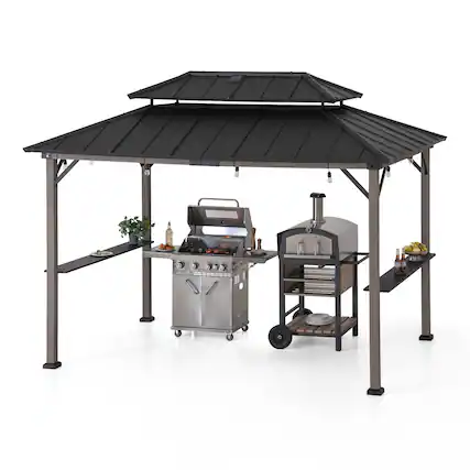 Front. SUNJOY - Sunjoy 8ft. x 12 ft. Churchill Cedar Framed Grill Gazebo with DC Solar Power - Churchill Cedar+DC Solar Power+Brown.