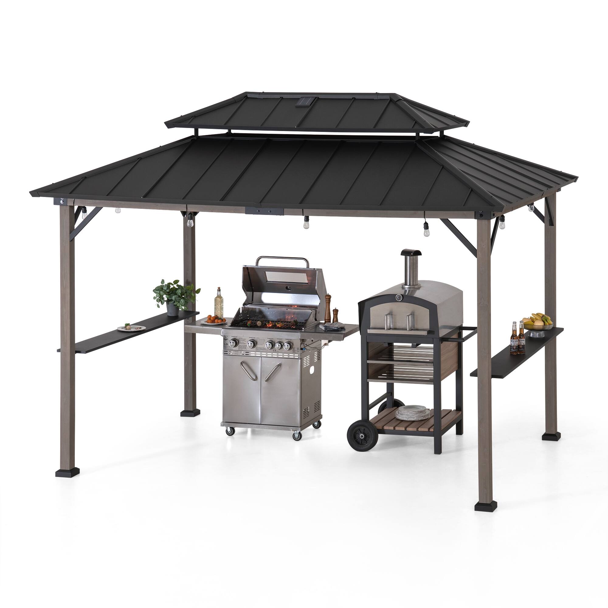 Front. SUNJOY - Sunjoy 8ft. x 12 ft. Churchill Cedar Framed Grill Gazebo with DC Solar Power - Churchill Cedar+DC Solar Power+Brown.