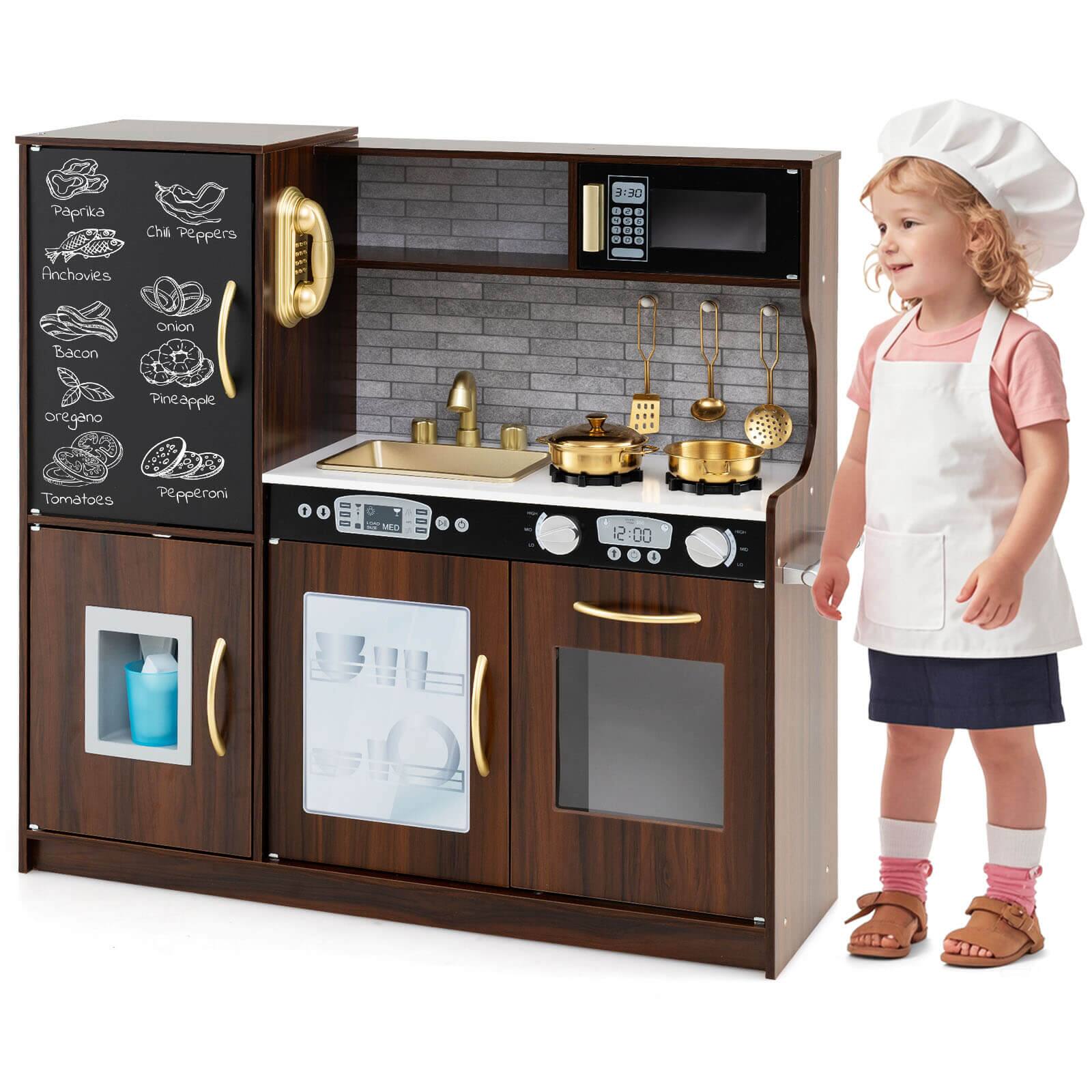 Costway - Kid's Pretend Play Kitchen Toddler Kitchen Playset with Blackboard - Brown