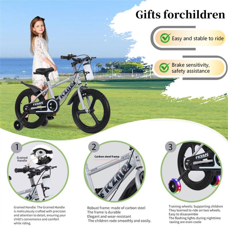 Gifts for children

Easy and stable to ride

Brake sensitivity, safety assistance

1. Grained Handle
   - The Grained Handle is meticulously crafted with precision and attention to detail, ensuring your child's convenience and comfort while riding.

2. Carbon steel frame
   - Robust frame: made of carbon steel. The frame is durable, elegant, and wear-resistant. The children rode smoothly and easily.

3. Training wheels
   - Supporting children as they learned to ride on two wheels. Easy to disassemble. The flashing lights during nighttime taxiing are even cooler.